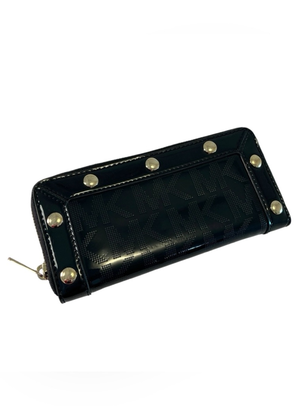 Michael Kors Jet Set Large Zip Wallet Clutch Black Patent Leather Gold Studded